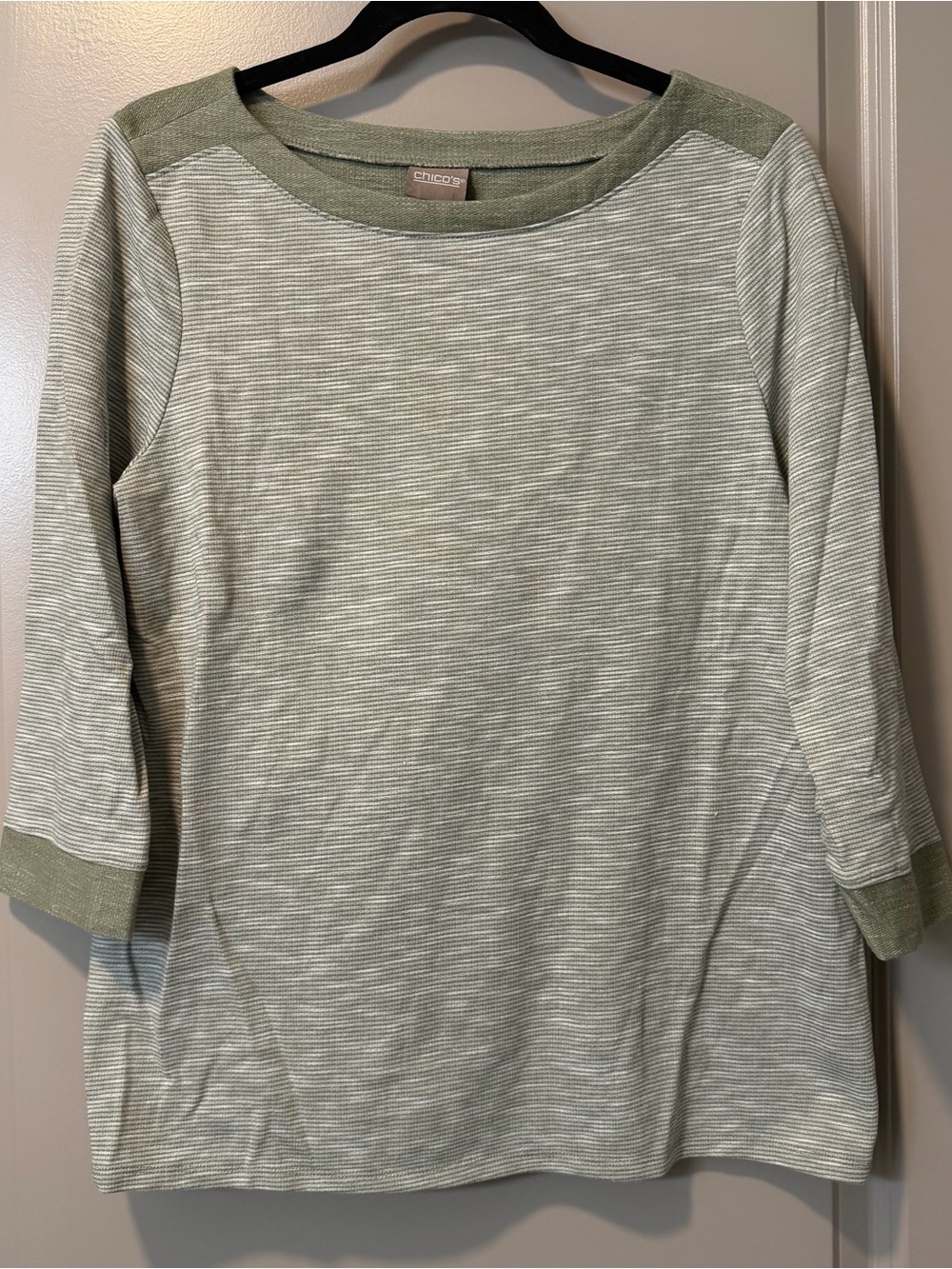 Chico's Sage Green Striped Boatneck Top Size 8 or Medium Cotton Blend
